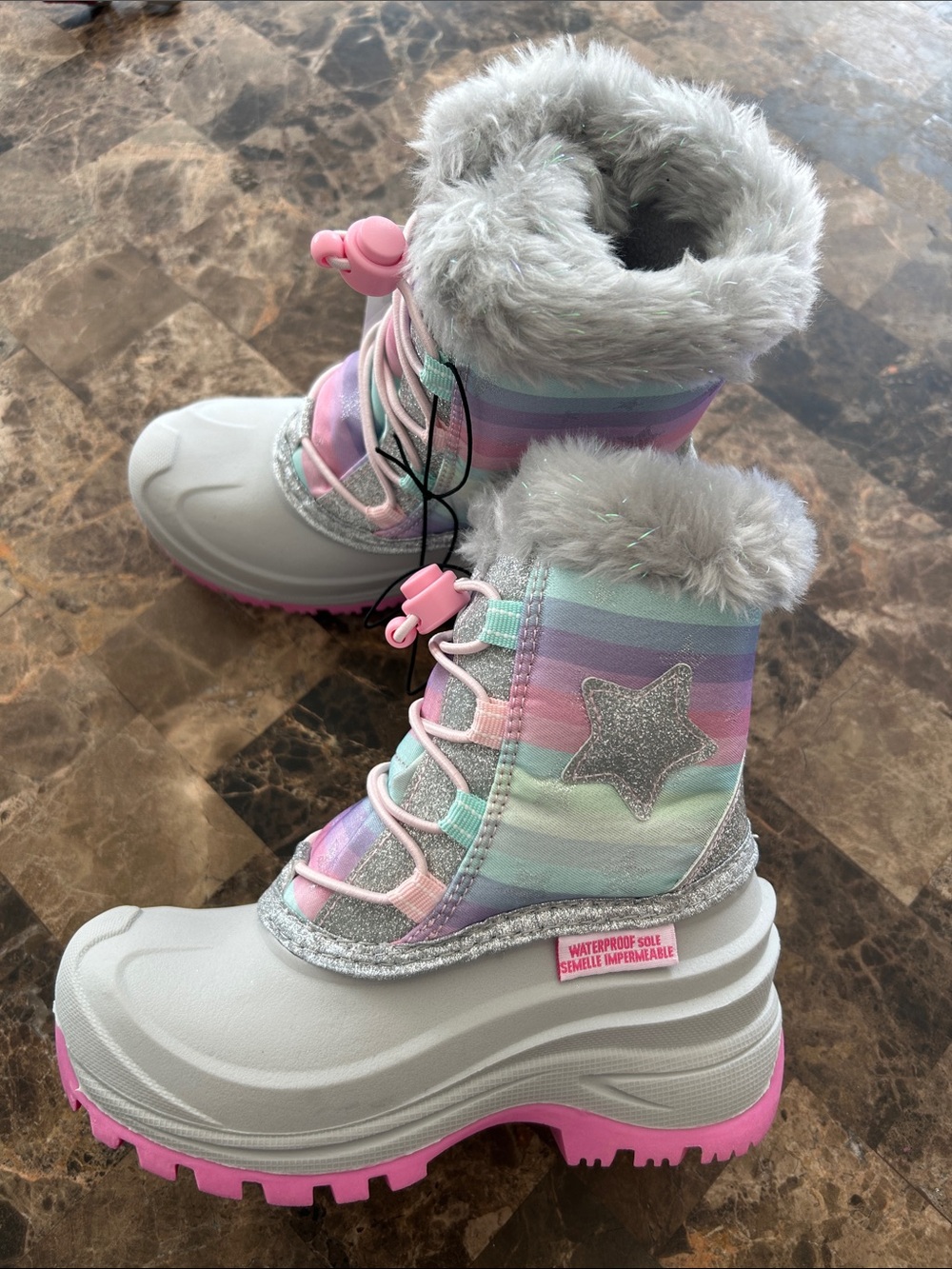 NWT 🆕 Kids Waterproof Winter Boots - Pastel with Gray Faux Fur Heat-MX size 13